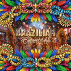 Vibrant brazilian carnival masks and feathers isolated on transparent background