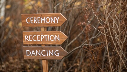 eco friendly wedding decor Wooden signpost with directions for ceremony, reception, and dancing in a natural setting.
