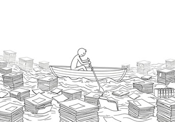 A lonely person in a small boat navigating a sea of paperwork.