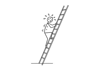 Person climbing a ladder with visible sweat and effort.