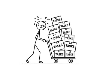 Stick figure overwhelmed by too many tasks pushing heavy cart.