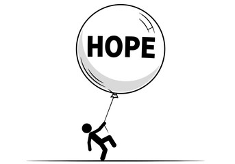 Stick figure holding onto a balloon with the word HOPE written on it.