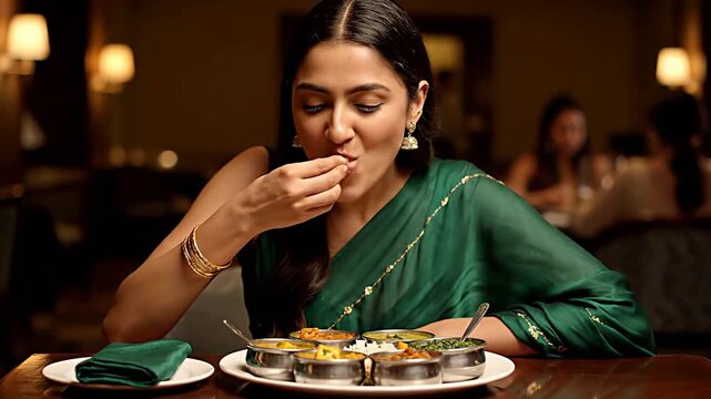 An Indian woman eating Gujarati thali