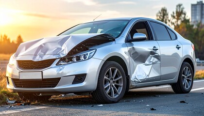 Obraz premium Damaged silver sedan with crumpled front end and side impact on urban street for editorial road safety accident analysis and insurance claim-themed visuals