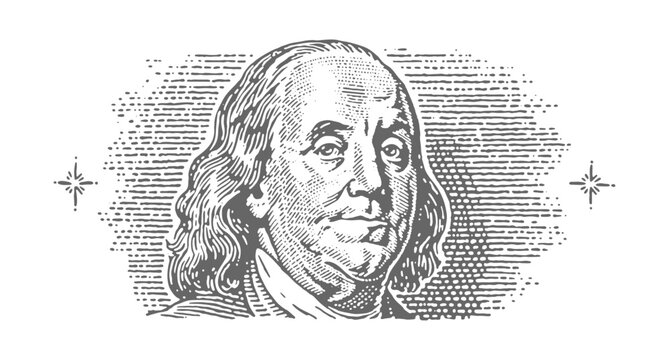 Benjamin Franklin Portrait Illustration. Vintage rough woodcut engraving linocut style vector illustration.