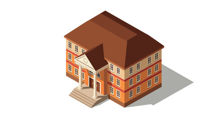 Classic georgian architecture school building in isometric style with red brick walls and white columns