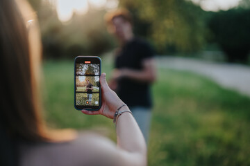 A person holds a smartphone capturing a video of someone outdoors with a park backdrop. The gentle sunlight and vibrant greenery create a peaceful atmosphere perfect for creative projects.