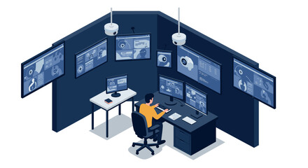 Modern security operations center with monitors and surveillance equipment in isometric style