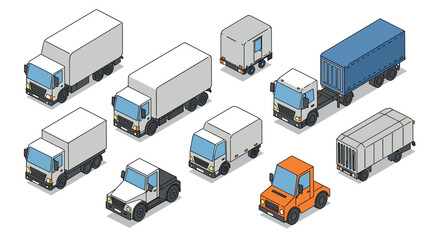 Variety of isometric trucks with different colors and designs