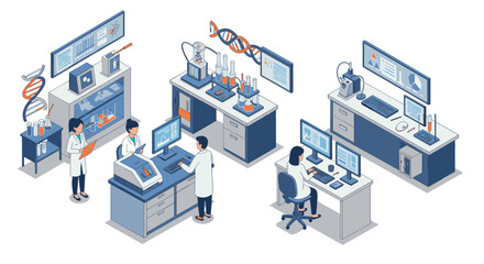 Fototapeta premium Isometric science lab with researchers and genetic research equipment