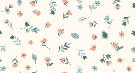 Fototapeta premium A light background adorned with a delicate scattered pattern of small floral and leaf illustrations.