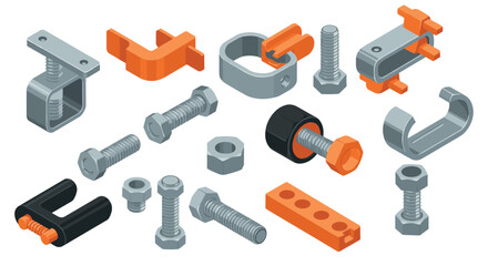 Fototapeta premium Industrial hardware set with bolts, nuts, and clamps in isometric style
