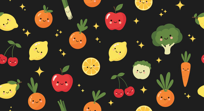 Cute fruits and vegetables sparkling on a dark background.