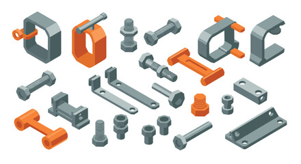 Obraz premium Industrial hardware set with bolts, nuts, and fasteners in isometric design