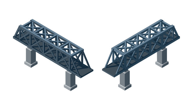 Isometric broken bridge structure on white background