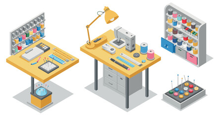 Obraz premium Sewing workshop isometric design with tools and equipment on tables