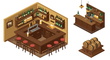 Naklejka na ściany i meble Cozy isometric pub interior with bar counter, stools, and shelves of bottles Naklejka na ściany i meble Cozy isometric pub interior with bar counter, stools, and shelves of bottles