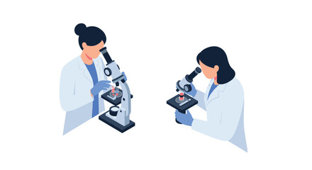Fototapeta premium Scientists using microscopes for laboratory research in isometric style