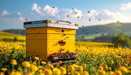 Yellow beehive box surrounded by active bees in colorful flower-filled meadow with sunlight and trees for editorial ecology pollination and sustainable environment-themed visuals