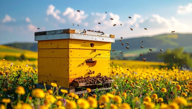 Yellow beehive box surrounded by active bees in colorful flower-filled meadow with sunlight and trees for editorial ecology pollination and sustainable environment-themed visuals