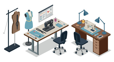 Isometric fashion design workspace with sewing tools and dress form mannequin