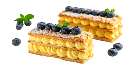 Dual Dessert Set of Napoleon Pastry with Fresh Fruit Topping, isolated on transparent background