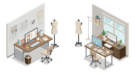 Fototapeta premium Modern fashion design workspace in isometric style with mannequins and computers