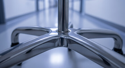 Close up of a medical IV stand base in a hospital hallway.