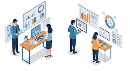 Fototapeta premium Isometric office team analyzing business data with charts and graphs