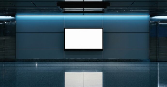 Minimalist glossy display television off metro terminal lobby with lights