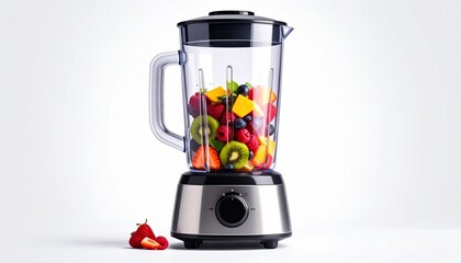 Modern electric blender with transparent container filled with colorful fruit pieces and metallic base for editorial healthy eating kitchen appliance and smoothie preparation-themed visuals