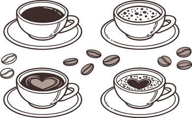 A vibrant vector illustration set of hot coffee cups and espresso mugs for cafe and beverage design