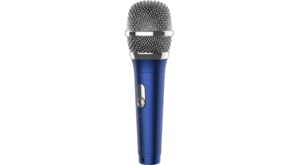 Isolated blue handheld microphone for podcasting, stage, presentation, music, speaking, studio