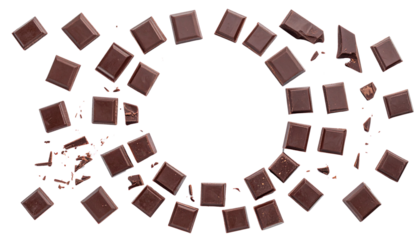  Dual Composition Set of Flying Dark Chocolate Pieces, isolated on transparent background
