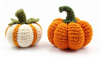 Two Crochet Pumpkins in Orange and White Isolated on White Background for Autumn