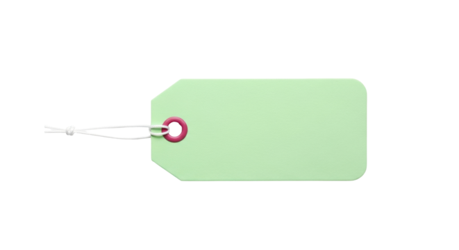 Isolated pale green gift tag or price label with string, office supply close up for price info - Powered by Adobe