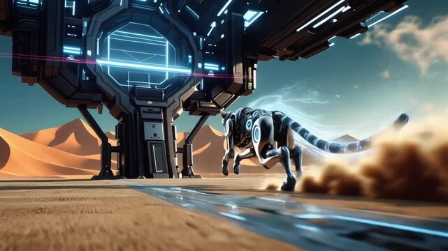 Video of robotic cheetah running fast in a futuristic desert with metallic armor and joints.
