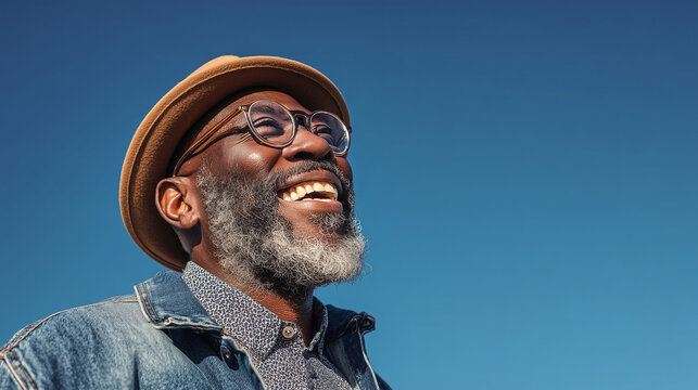Joyful Mid-Aged African American Man with Salt-and-Pepper Beard Smiling Under Blue Sky, Generative AI