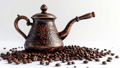 Ornate Bronze Coffee Pot on Pile of Roasted Coffee Beans on White Surface