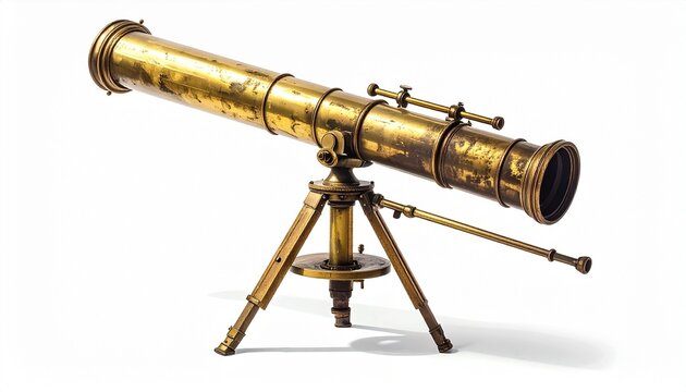 Vintage brass telescope with ornate engravings and adjustment knobs on decorative stand for editorial scientific heritage astronomy and antique instrument-themed visuals