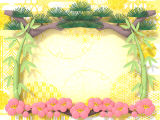 和柄模様をバックにした松竹梅3DCGフレーム