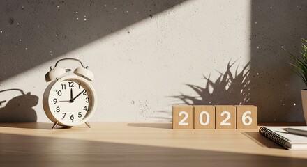 Alarm clock and wooden blocks spelling out 2026 on a desk, representing the passage of time and the upcoming year isolated on transparent background