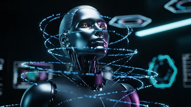 Android head scans holo interface. Futuristic humanoid robot stands by technology panel. AI core and artificial intelligence readout glow. Cyborg profile reflects neon data. Face shows soft focus.