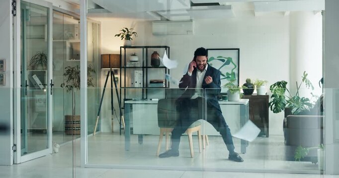 Excited, businessman or winning with phone call for business deal, proposal or promotion in office. Happy, man or throwing documents in air on smartphone or fist pump for negotiation or success