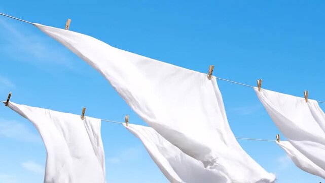 White sheets blowing gently on clothesline against clear blue sky outdoor scene