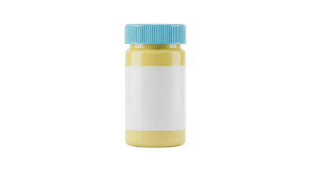 Isolated yellow liquid in bottle with blue lid for science, medical, or beauty product