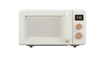 Isolated beige microwave appliance, vintage cooking device for household use in a kitchen