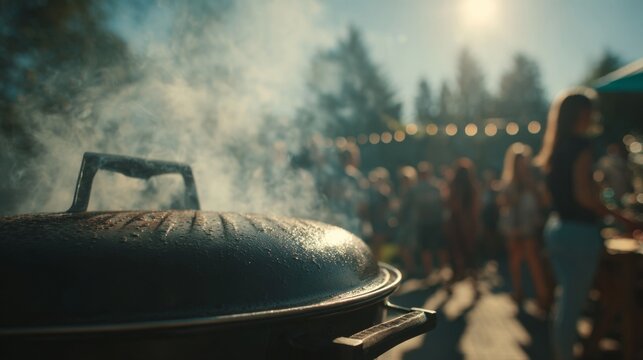 A smoky barbecue scene at a lively outdoor gathering, with friends enjoying the summer sun and fresh grilled food.