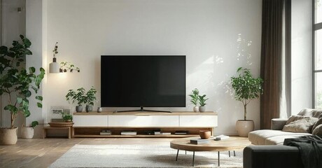 Minimalist glossy tv off cozy living room with neutral decor and daylight