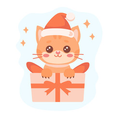 Cat in gift box. Cute red kitten in Christmas Santa hat sitting inside gift box. Adorable festive Christmas illustration perfect for holiday cards, posters and winter decorations. Vector illustration.